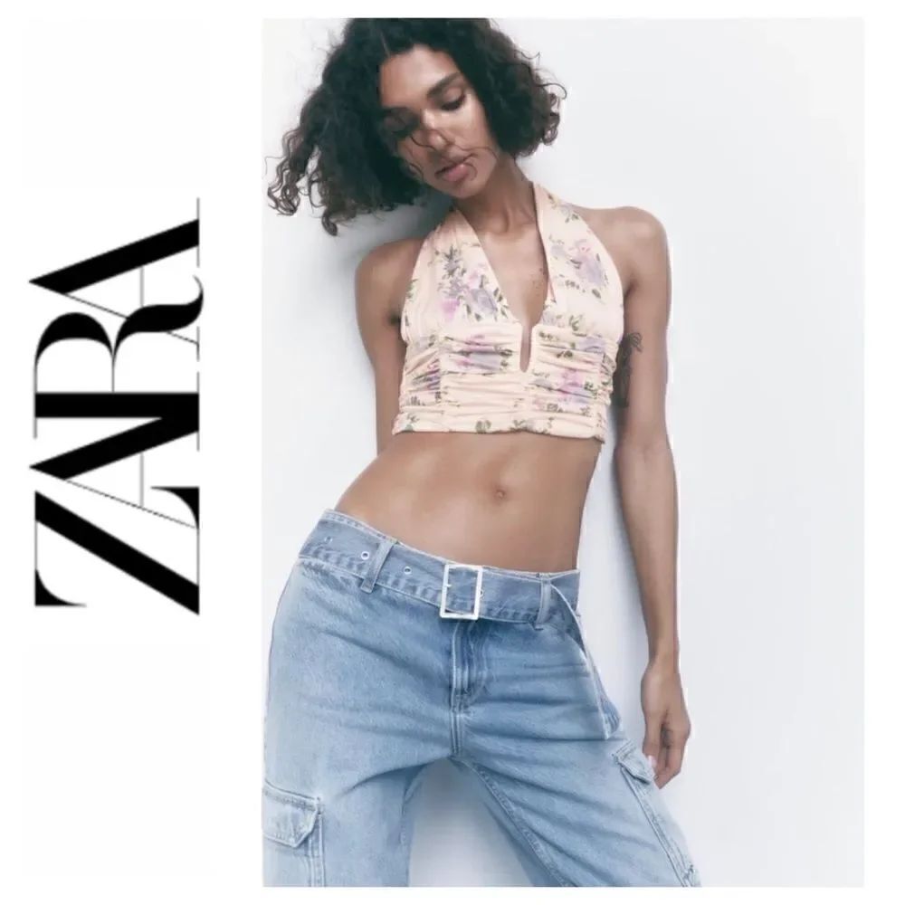 NWT Zara Floral Print Corset V-Neck Halter Neck Tie Crop Top in Pale Pink